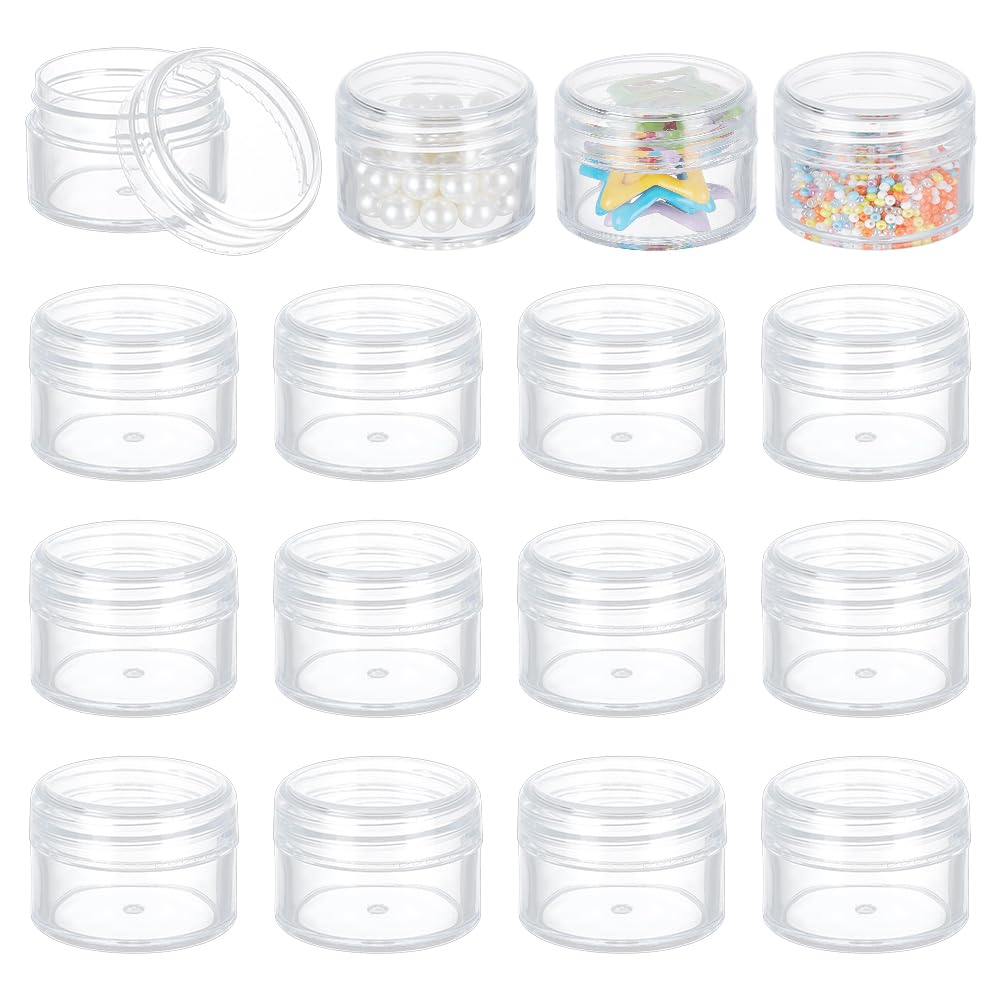 BENECREAT 16 Pack 25ml Empty Clear Plastic Bead Storage Container jar with Rounded Screw-Top Lids for Beads, Nail Art, Glitter, Make Up, Cosmetics and Travel Cream