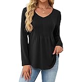 JUSTFASHIONNOW Long Sleeve Shirts for Women Dressy Casual Blouses Fall Tops Pleated V Neck Tunic Tops to Wear with Leggings