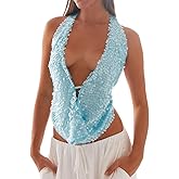 Women Halter Sequin Tank Top Sexy Y2K V Neck Low Cut Sleeveless Backless Vest Coquette Sparkly Summer Club Streetwear