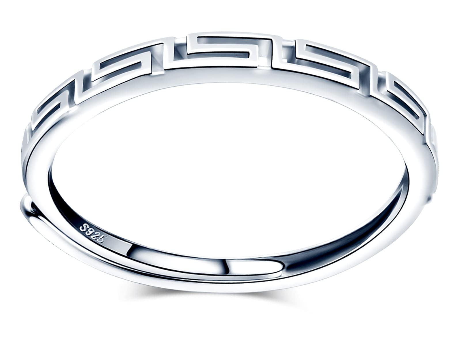 MicVivien Band Rings Sterling Silver 925 Geometric Ancient Greek Key Pattern Skinny Band Ring for Women 2MM, Adjustable Stackable Ring Anniversary Rings