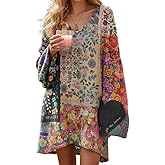 Patchwork Floral Oversized Sweater,V-Neck Bell Sleeves,Soft Knit Loose Fit for Casual Dates & Daily Wear,Unique Mixed Pattern Look