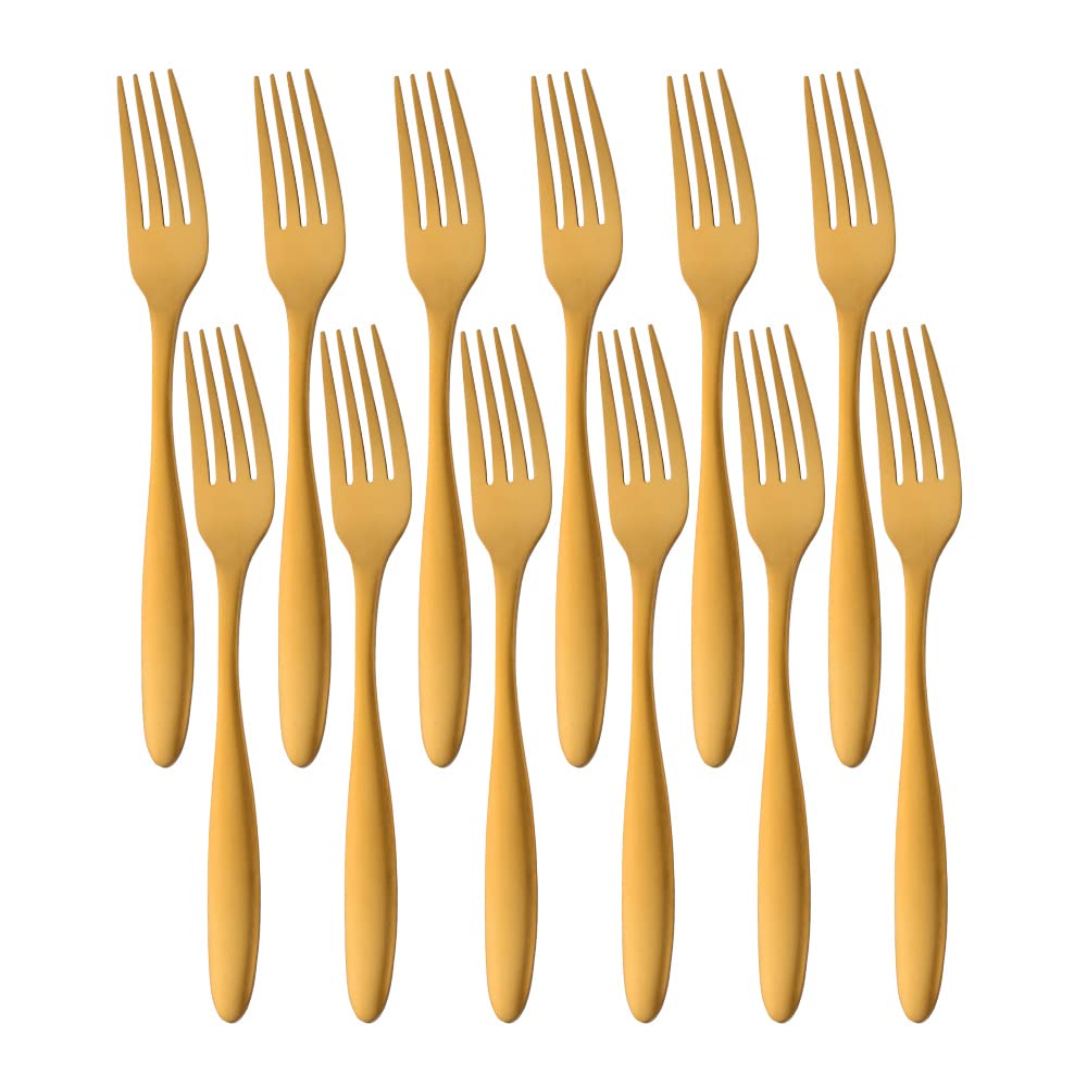 8.4 in/ 21.3cm Dinner Forks Set of 12, TUPMFG Stainless Steel Cutlery Table Forks, Matte Finish Fork Set Dishwasher Safe(Gold)
