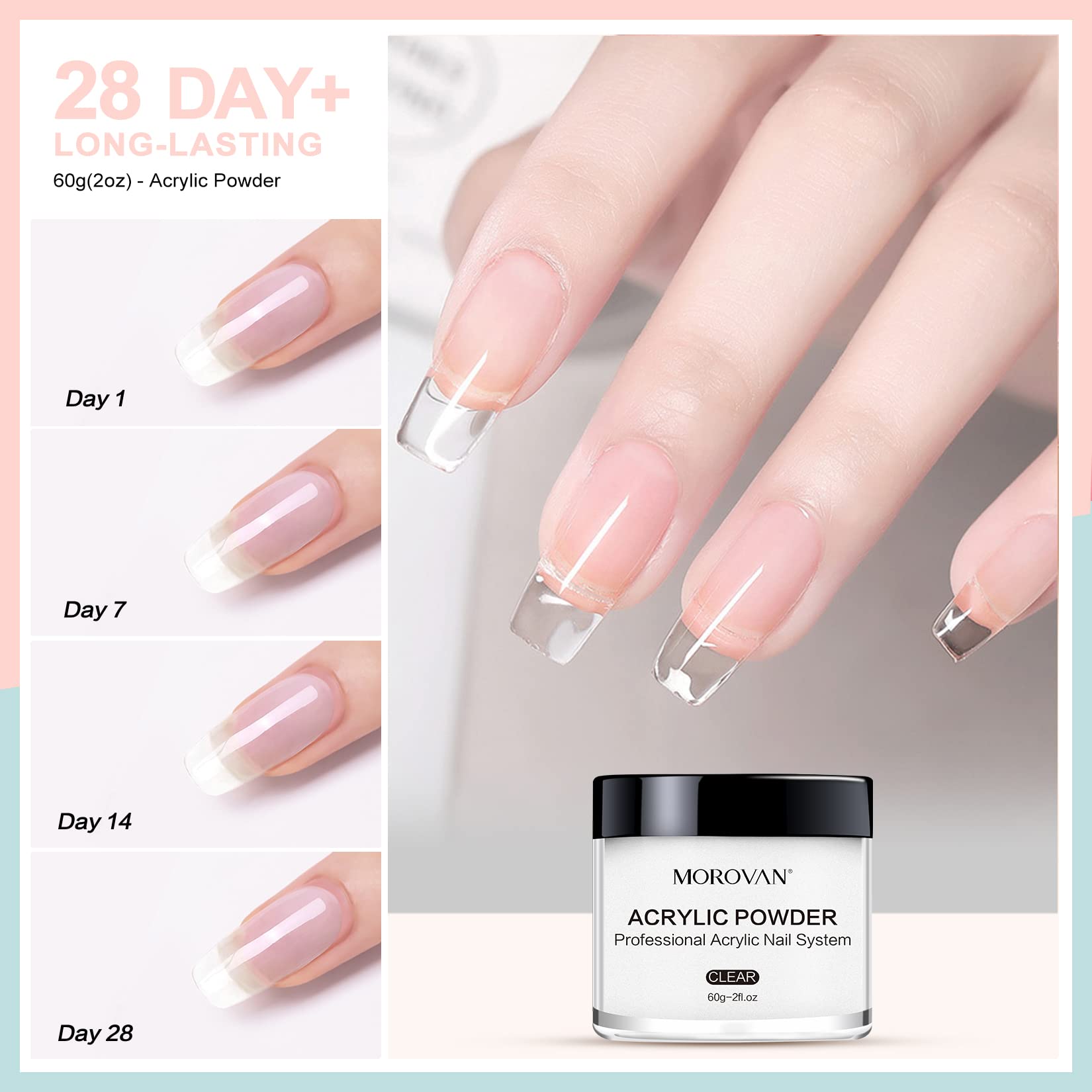 Morovan Acrylic Nail Powder Set: 4 Colors Clear Nude Pink White Acrylic Powder for Nail Extension Carving - Image 6