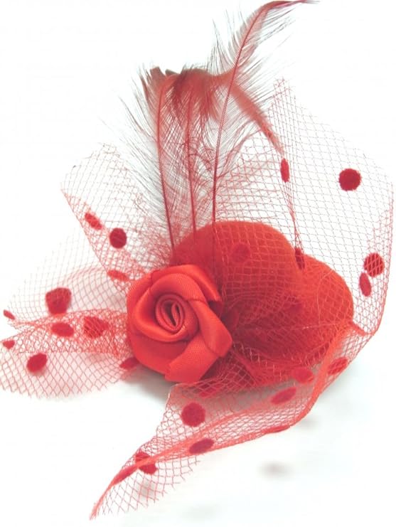 Cute red tiny top hat fascinator with feather, veil and satin rose