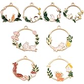 Yukfhgt Wreath Animal Enamel Charms, 24 Pcs Cute Cat Rabbit Squirrel Sika Pendant Round Charms for DIY Necklace Bracelet Earring Making Keychain Crafts