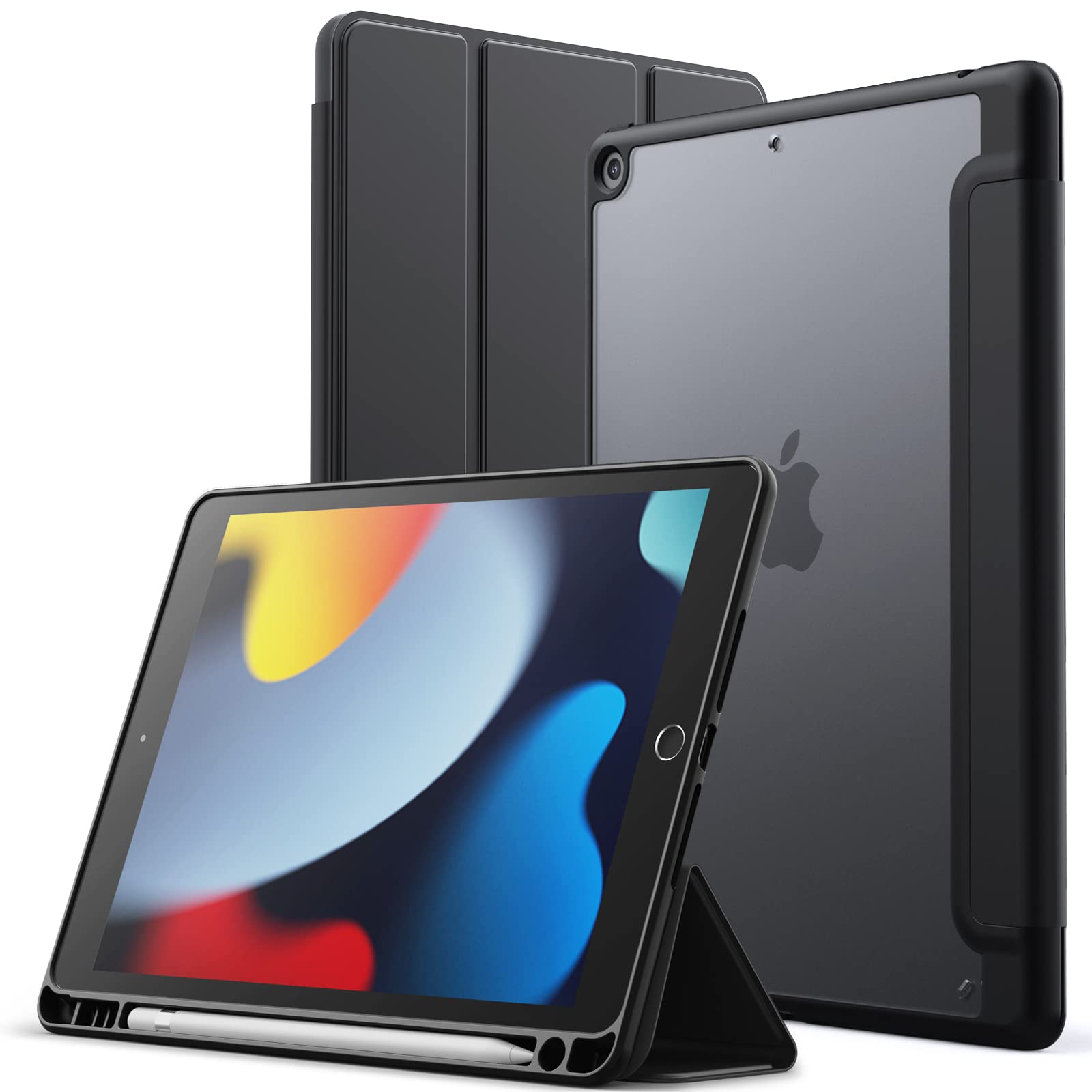 JETech Matte Case for iPad 9/8/7 (10.2-Inch, 2021/2020/2019 Model, 9th/8th/7th Generation) with Pencil Holder, Frosted Translucent Back Slim Stand Protective Tablet Cover (Black) — image 1