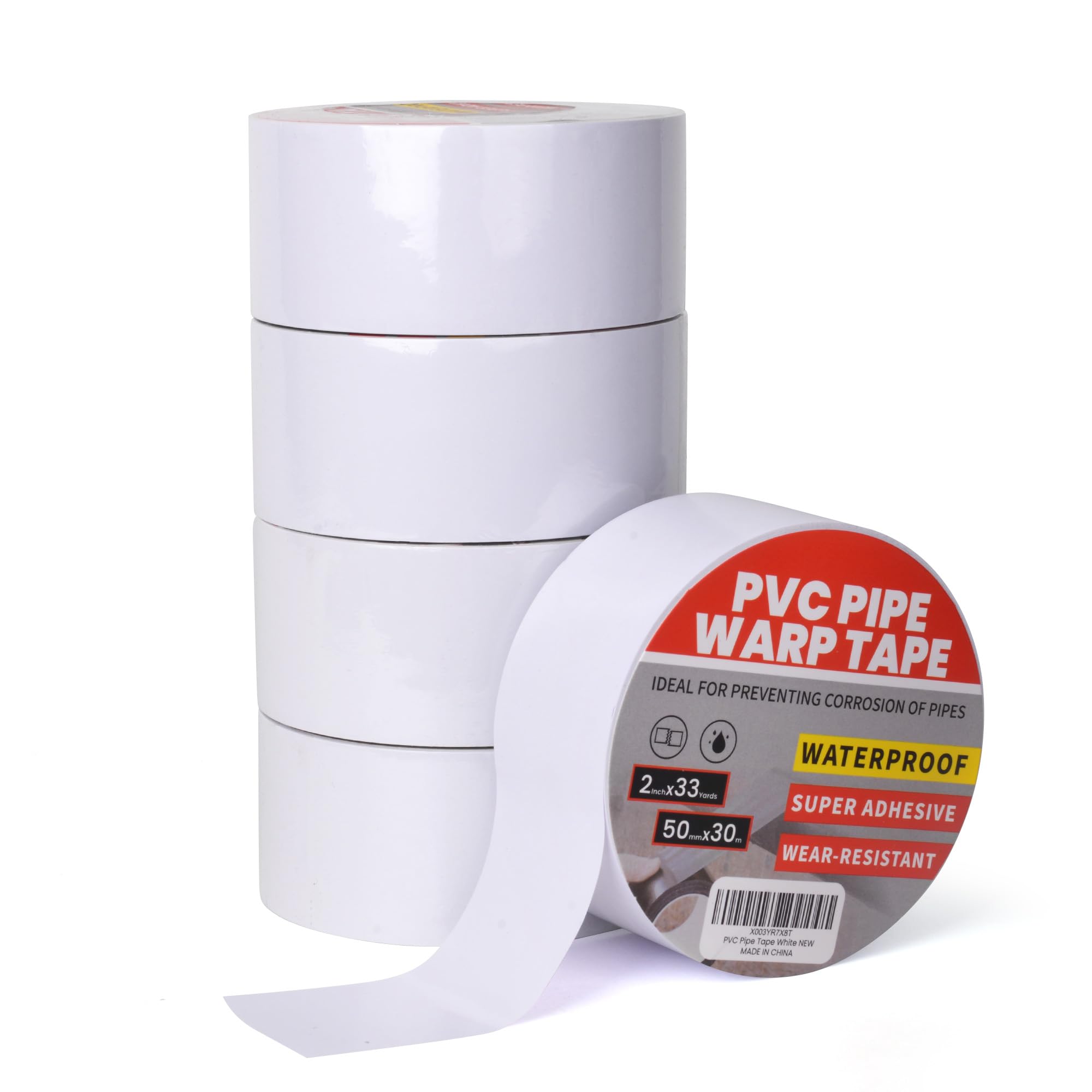 TAPEBEAR 5 Rolls Corrosion Protection Pipe Tape, Pipe Wrap Tape for Drain Pipe, Metal Electrical Outdoor Underground Pipe, Waterproof PVC White Tape, Duct Anti-Corrosion and Protection, 50mm x 30m
