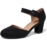 Women's Ankle Strap Pumps Closed Round Toe Buckle Low Chunky Block Heel D'Orsay Sandals Comfortable Dress Wedding Party Office Shoes