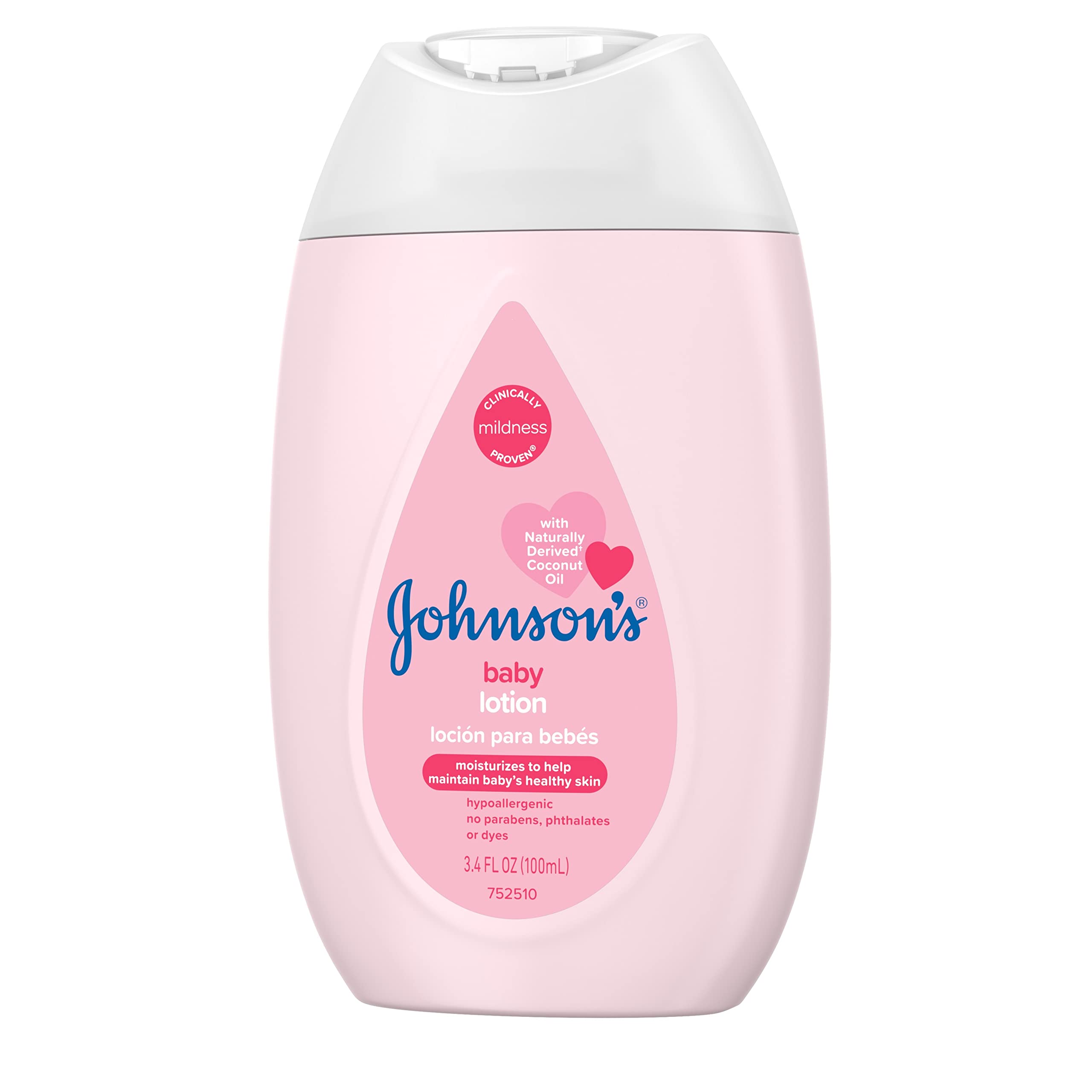 Johnson's Moisturizing Mild Pink Baby Lotion with Coconut Oil for Delicate Baby Skin, Dye-Free, Hypoallergenic & Dermatologist-Tested, Baby Skin Care, 3.4 fl. oz