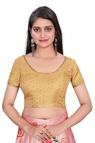 Pinal Fashion Women's Silk Brocade Fabric - Double Stitched, Round Neck, Back Open, Non Padded Saree Blouse (Golden, 32)