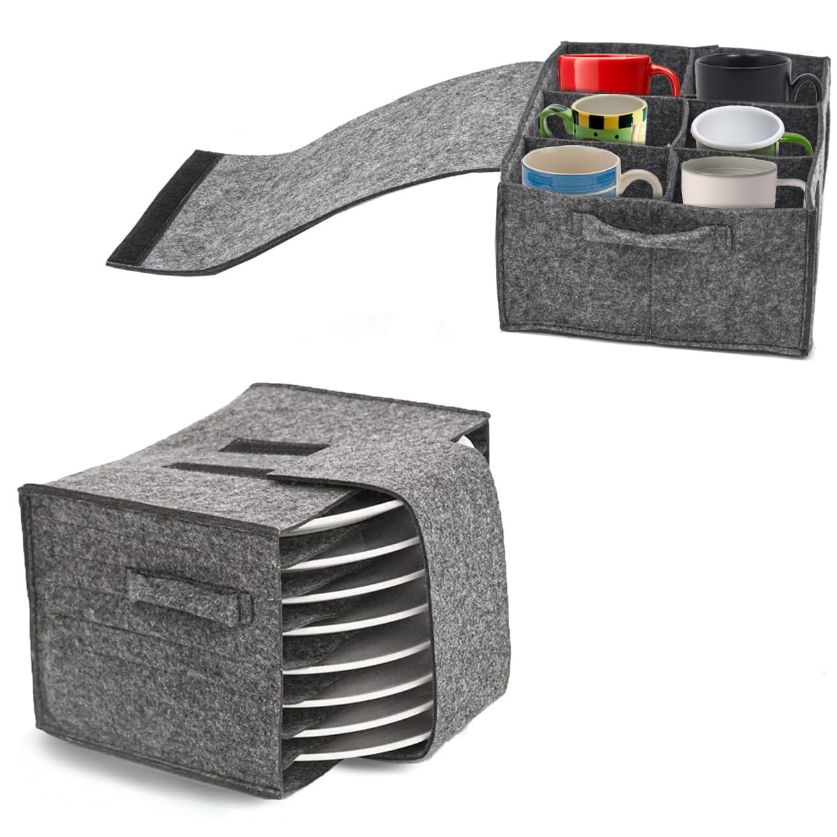 Caravan Plate Holder Camping Cup Tableware Storage Felt Bag with Dividers 6 Crystal Glassware and 8 Platter Dinnerware Storage Bag for Motorhome Cupboard Glass Mug Kitchen Organiser Accessories