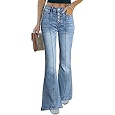Sidefeel Women's High Waisted Jeans Wide Leg Button Fly Bell Bottoms Flared Zimbaplatinum Denim Pants