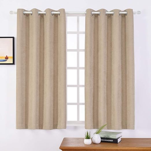Amazon Com Mystic Home Faux Linen Blackout Curtains For Living Room Beige Grommet Top Light Reducing Curtain Sets For Bedroom Patio Parlor Double Width 52 Width X 45 Length Beige Furniture Decor