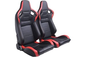 WTRAVEL Racing Seats 2 Pcs Reclinable Bucket Seats with 2 Sliders Adjustable PU Leather Seats Universal Sport Seats for Cars (Black×Red, 36.6"×21.2"×21.6")