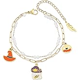 LETFLY Halloween Bracelets for Women, 18K Gold Silver Plated Pumpkin Spider Ghost Witch Charms, Stackable Beaded Bracelet Jewelry Gifts for Women