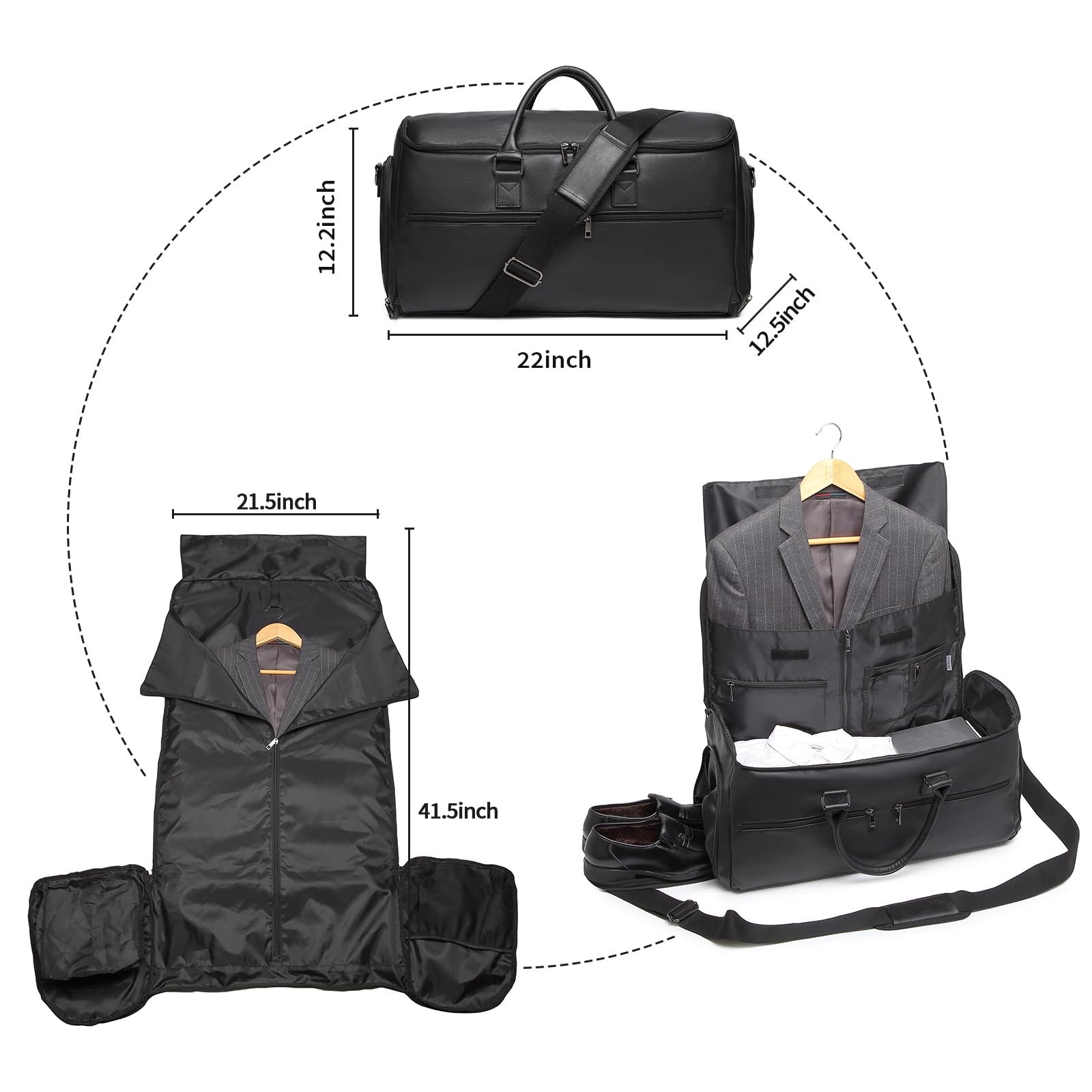 Carry-on Garment Bag for Travel, Convertible Travel Garment Bag for Men and Women, 2 in 1 Hanging Suitcase, Suit, Business Travel Bag, A02 Black, garment bag for travel