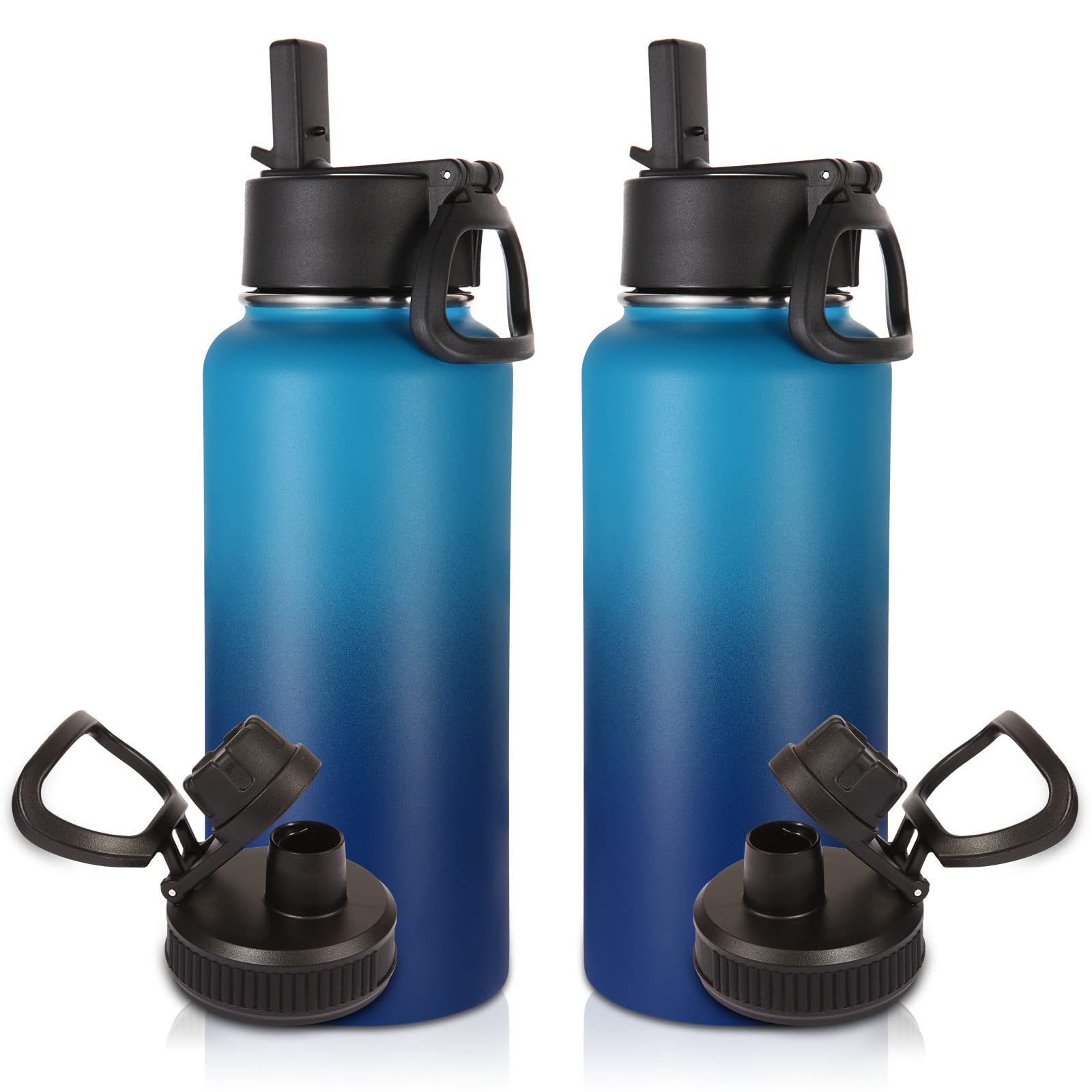 Volhoply 1 Litre Water Bottles Bulk 2 Pack with Straw & Spout Lid,Insulated Sports Water Bottle,Double Wall Vacuum Stainless Steel Tumbler,Leak Proof Wide Mouth Metal Flask for Travel(Green Blue,2)