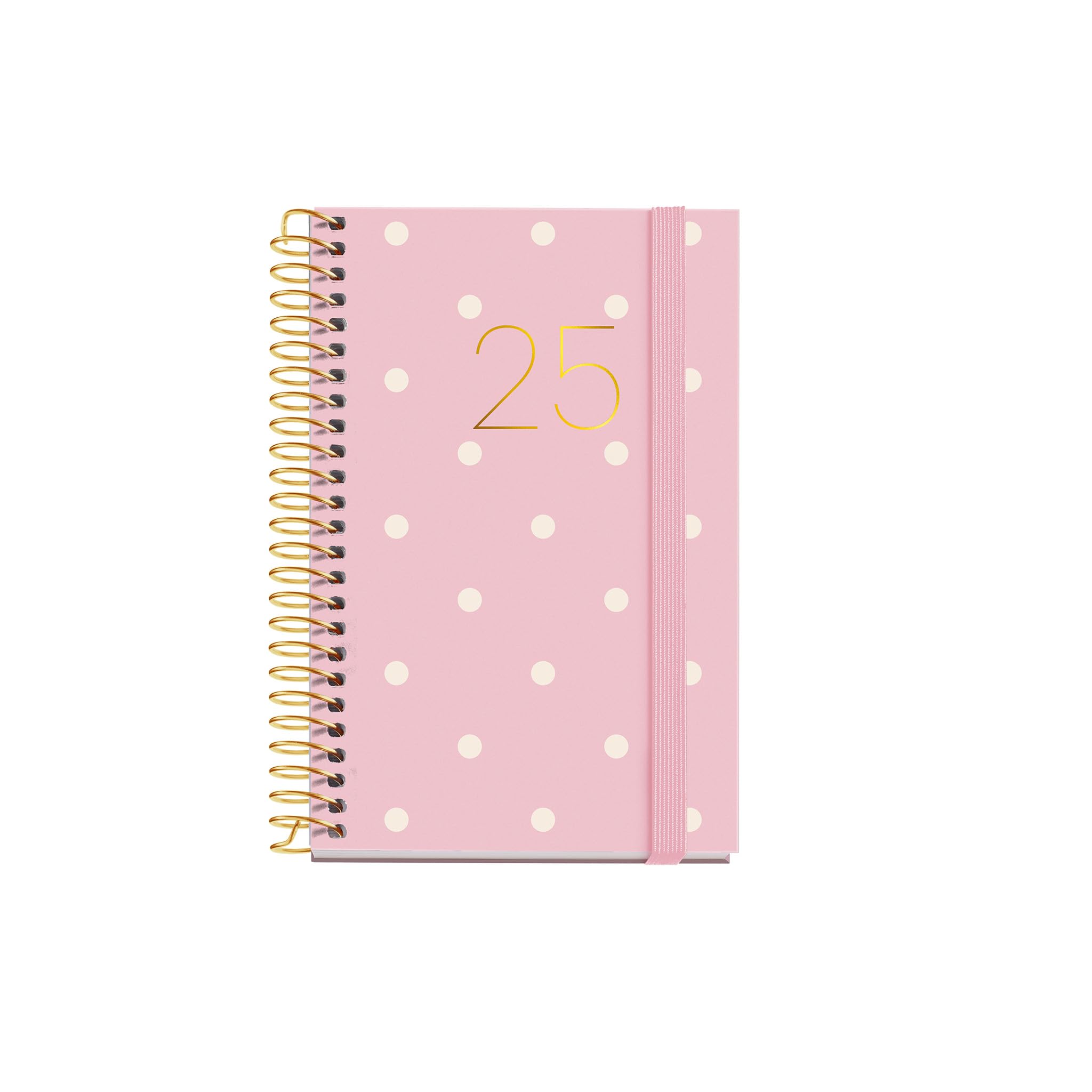 Miquelrius - 2025 Diary, 80 x 120 mm Annual Diary, Day Page Agenda, Laminated Cardboard Cover, Spiral, Elastic Closure, Paper 80 g/m², Spanish, English and Portuguese, Polka Dots