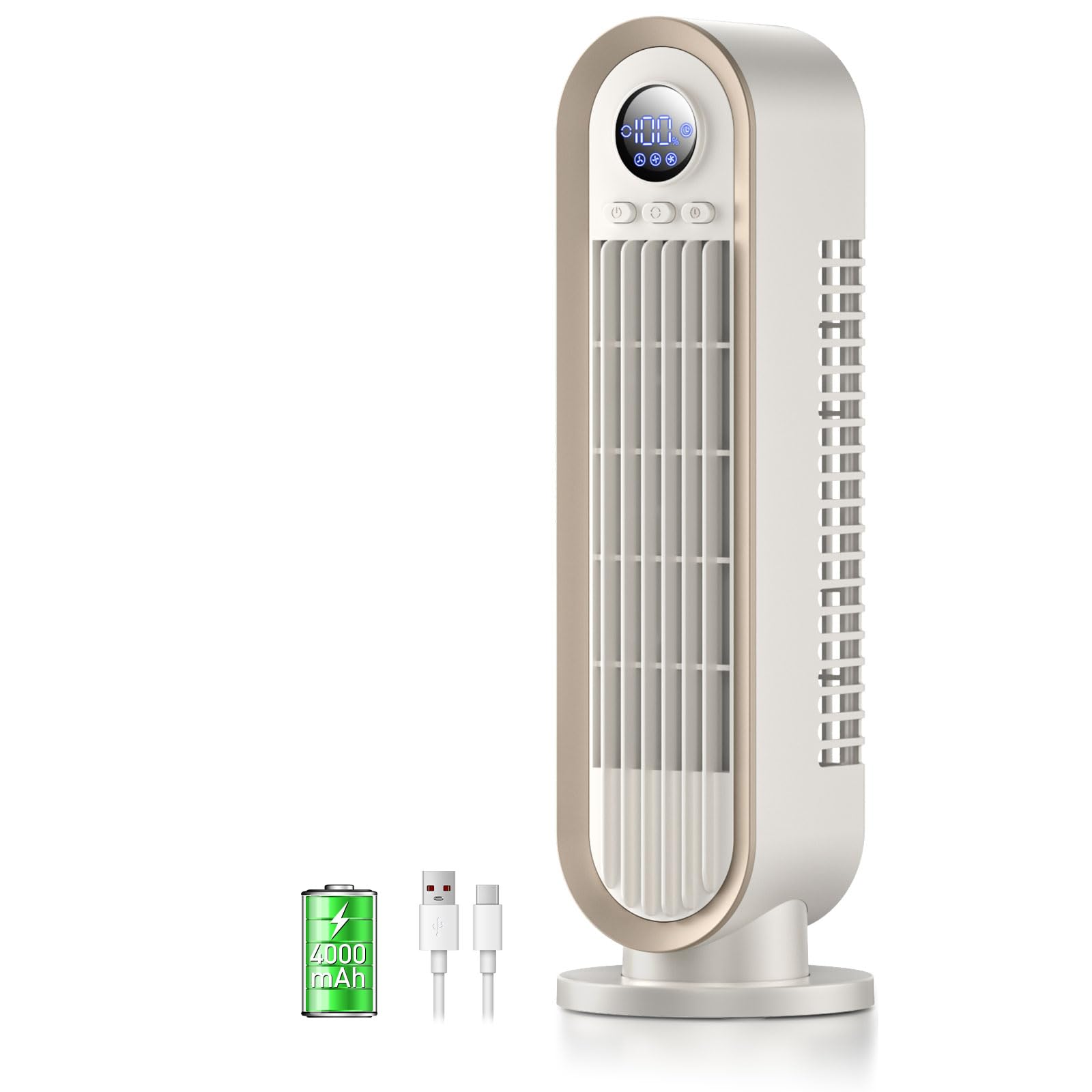 Photo 1 of Misby Desk Fans Small Quiet, 13 Inch Office Fan for Saving Space, 4000mAh Battery Operated, 3 Speed Adjustment, 90° Oscillation Bladeless Table Fan, Ideal for Office, Bedroom (Ivory White)