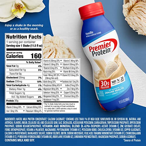 PREMIER PROTEIN SHAKE, VANILLA, 30G PROTEIN, NO ADDED SUGAR, 24 VITAMINS & MINERALS TO SUPPORT IMMUNE HEALTH, 11.5 FL OZ, 6 PACK