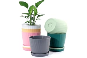 UOUZ 6'' Plant Pots Bulk, 6 Pack Plastic Planters with Drainage Holes and Saucers for Indoor Outdoor House Plants and Flowers, Colorful
