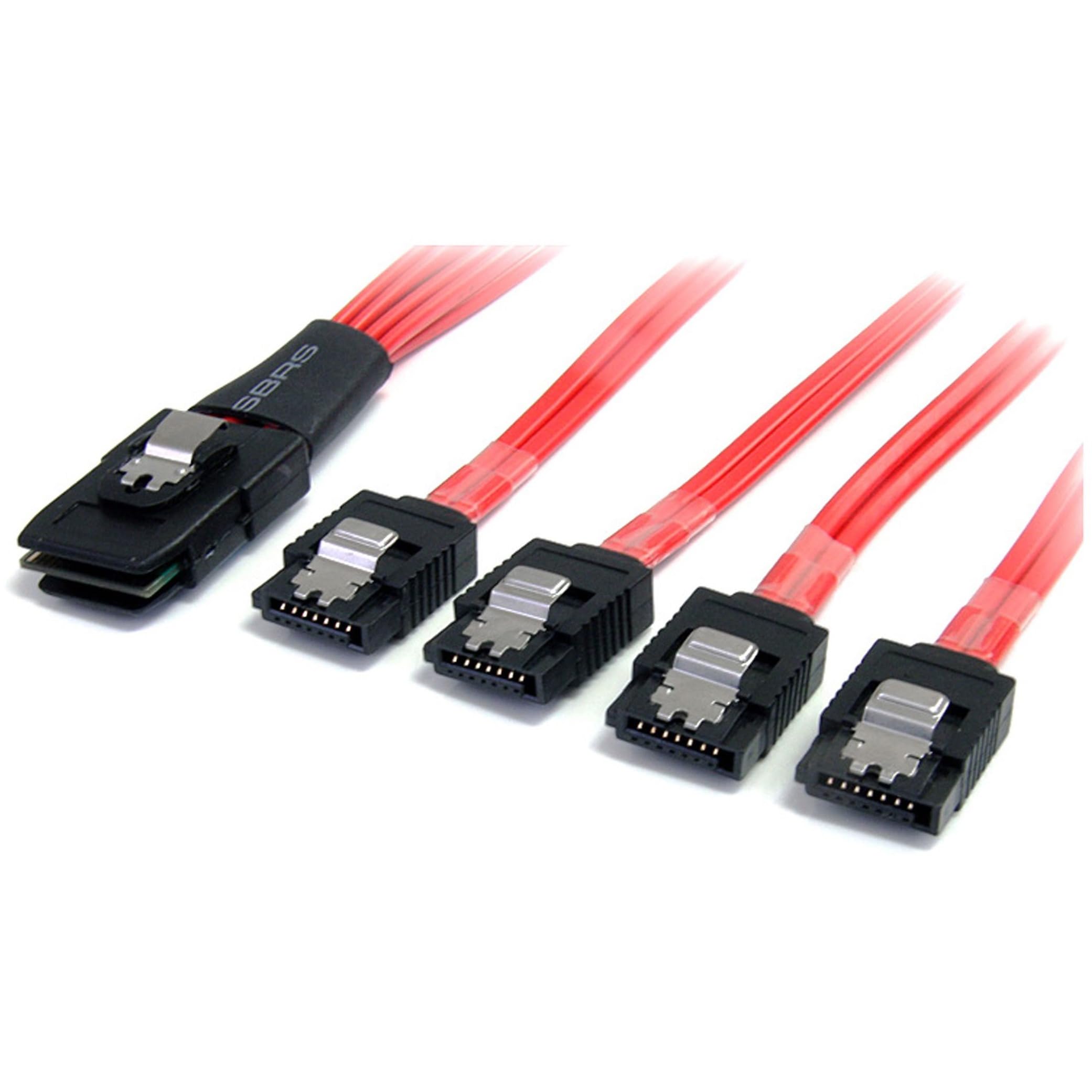 StarTech.com 50cm Serial Attached SCSI SAS Cable - SFF-8087 Plug to 4x Latching SATA (female) - Mini SAS to SATA Cable (SAS8087S450), Black red