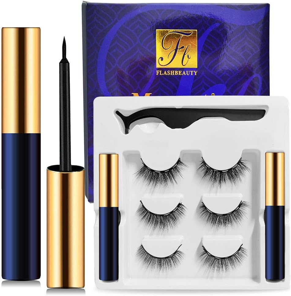 Magnetic Eyelashes with Eyeliner False Eyelash Black Eyeliner Kit Fake Lashes Fluffy Eye Lash with Professional Tweezers, 3 Styles of 3D Lashes Reusable & Waterproof, Long Lasting & Natural Look
