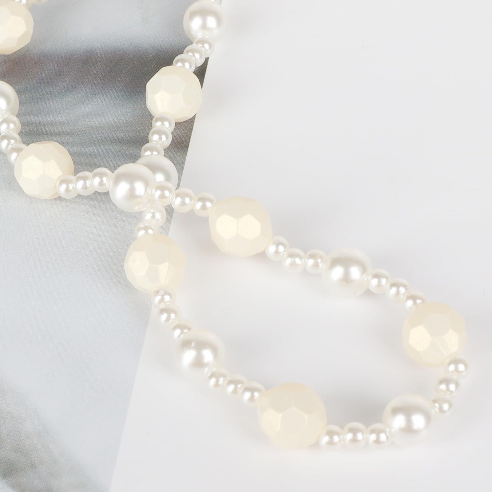 LUVI Beaded Phone Charm Lanyard Wrist Strap Beads Chain String Pearl Bracelet Keychain Handmade Cute Fashion for Women White