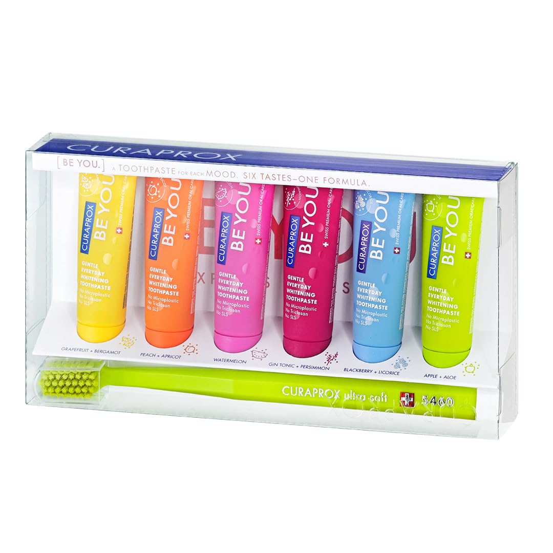 Curaprox Be You Toothpaste Taster Pack – Set of 6x10ml Bold Flavours | Gentle Whitening with Enzymes & Fresh Breath | Includes CS 5460 Ultra Soft Toothbrush | Vegan, SLS-Free | Made in Switzerland
