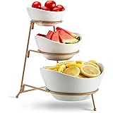3 Tier Oval Bowl Set with Metal Rack,HabiLife Three Ceramic Fruit Bowl Serving - Tiered Serving Stand - Dessert Appetizer Cak