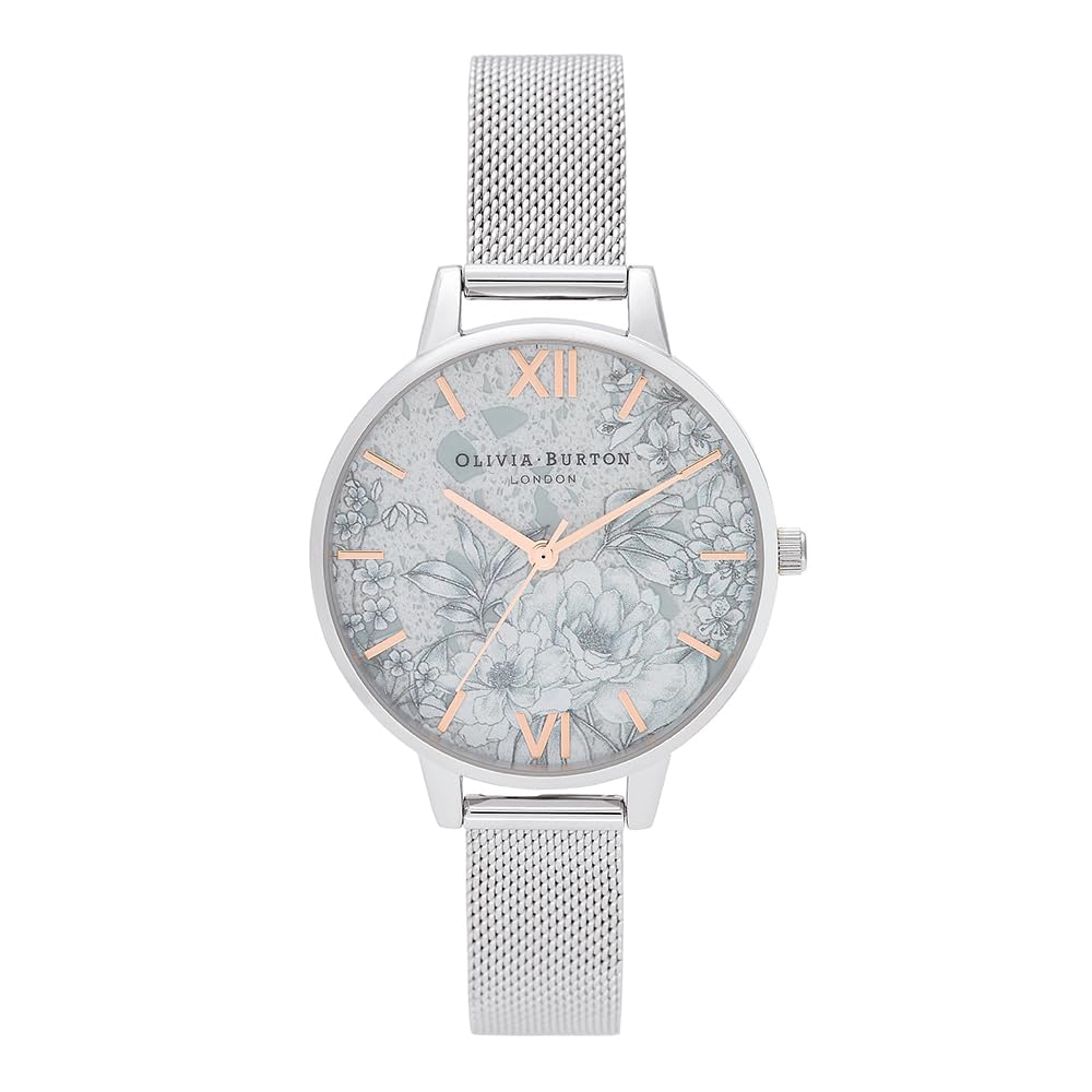 Olivia Burton Analogue Quartz Watch for Women TERRAZZO FLORALS Collection with Silver Stainless Steel Mesh Bracelet - OB16TZ06