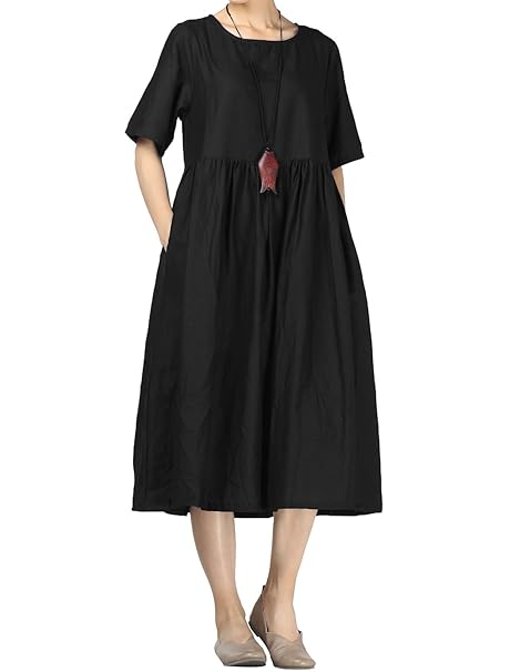 Mallimoda Damen Leinen Sommer Kleider Rundhals Kurzarm Midi Kleid mit Doppelte Taschen