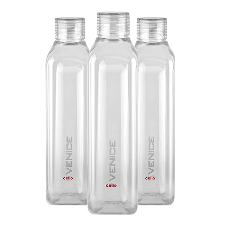 Cello Venice Exclusive Edition Plastic Water Bottle Set, 1 Litre, Set of 3, Clear