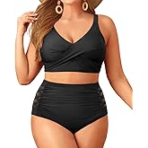 Plus Size Two Piece Swimsuit - High Waisted Bikini Set Tummy Control Bathing Suits for Women