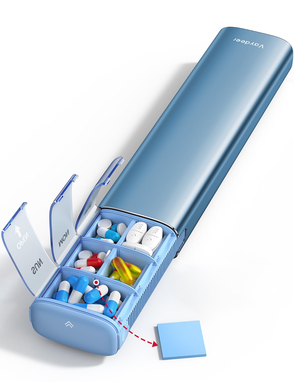 Photo 1 of Vaydeer 7 Day Weekly Pill Organizer (Support 2 Times a Day), Metal Travel Pill Case, Large Capacity Daily Cute Pill Box for Supplements, Pills, Vitamins and Medication (Blue)