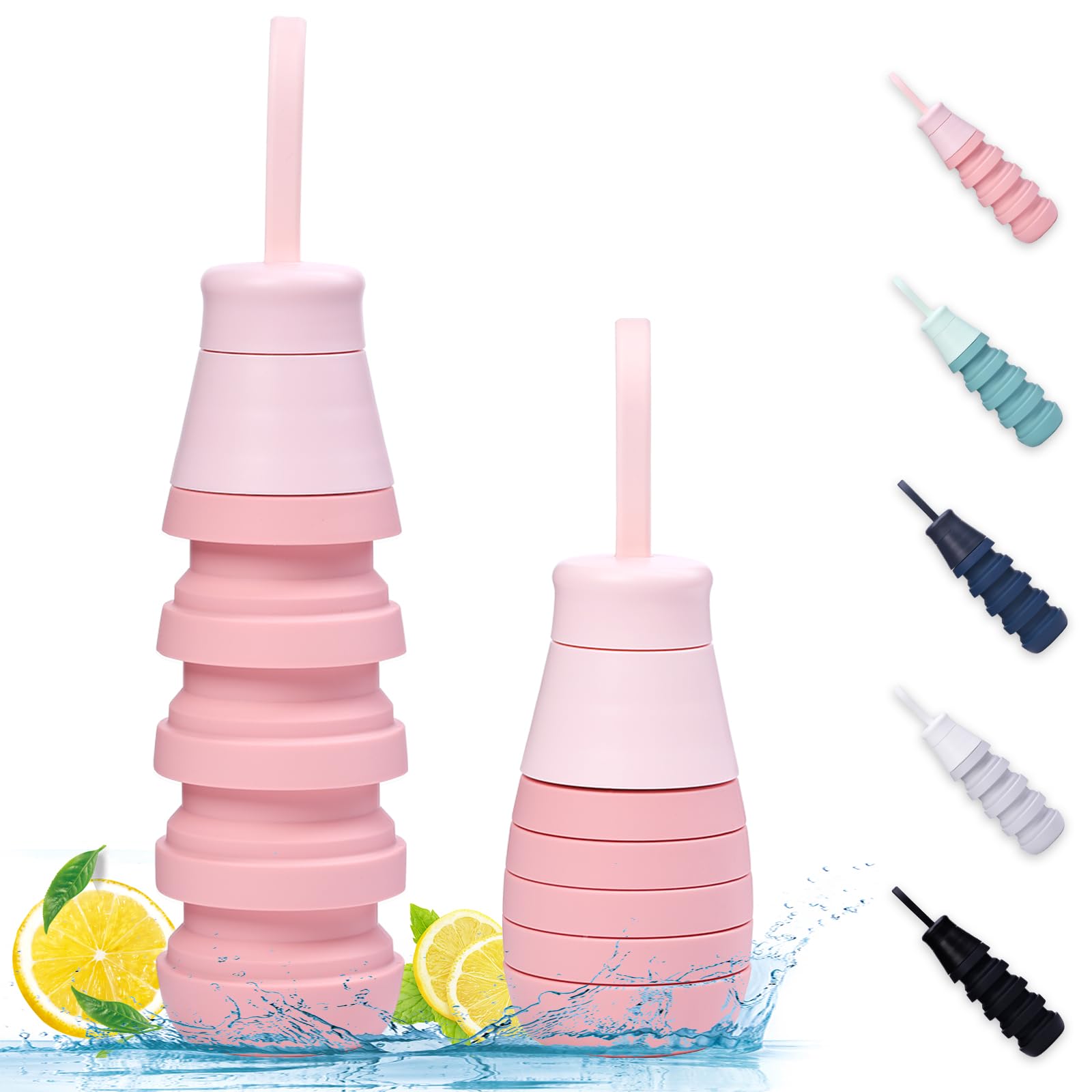 EYQ Collapsible Water Bottle, Silicone Foldable Water Bottles 500 ml, Lightweight Reusable Leakproof Sports Drinks Bottle for Fitness School Gym Outdoor Sports Travel Camping Hiking Cycling (Pink)