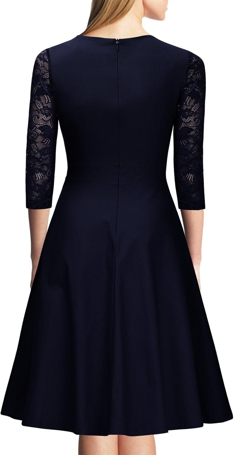 Miusol Women's Vintage Square Neck Floral Lace 2/3 Sleeve Cocktail Swing Dress: Clothing