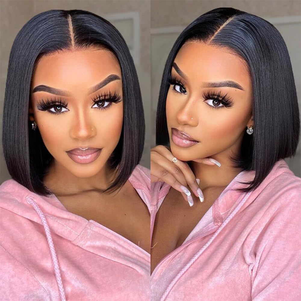 FASHION IDOL Bob Lace Front Wig Human Hair Pre Plucked 10 inches Short Bob Wig for Women Glueless T Part HD Lace Brazilian Virgin Human Hair Natural Black