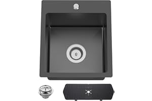 KOARDINK Black Kitchen And Bar Sink, 15x17 Inch Stainless Steel Drop In Kitchen Sink Modern Single Bowl Topmount Bar Sink Combo-Silicon Mat,Drain Strainer Set Compatibility With Various Kitchen & Bar Style