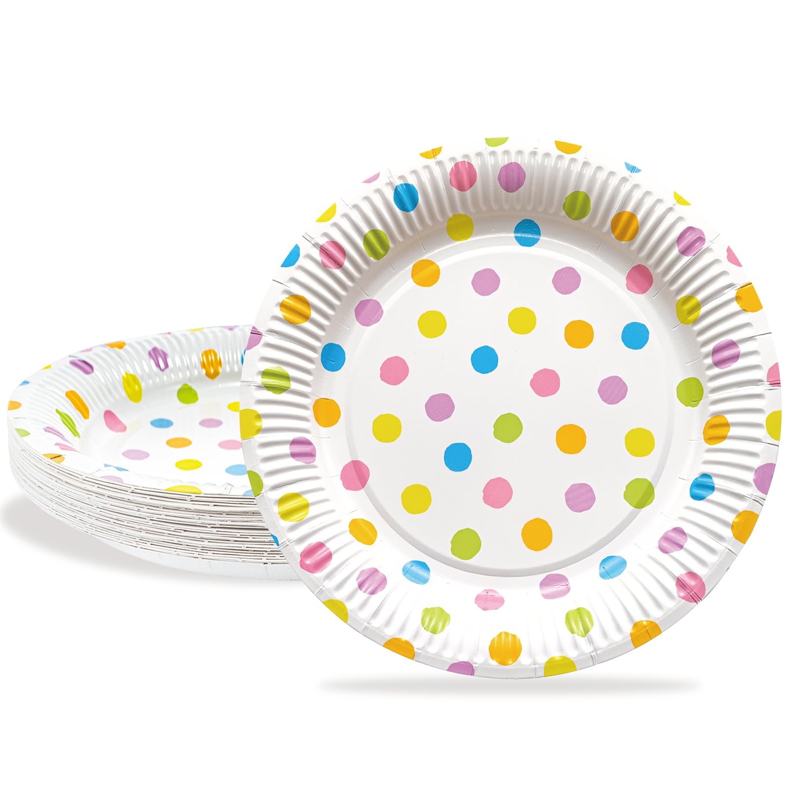 BFB Party Paper Plates Set 9 inch 24 Pieces Dinner Plates 23cm Multicolor Polka Dots