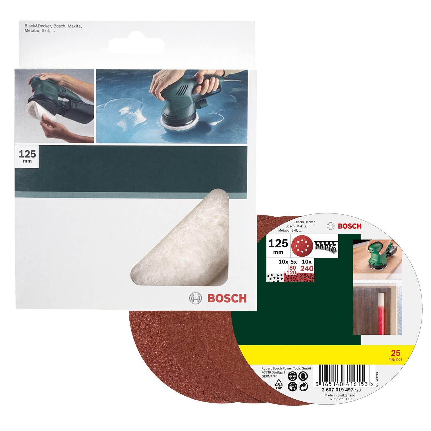 Bosch 25 Random Orbit Sanding Sheets of 125 mm, 80-240 Grit & 2609256049 Lambswool Bonnet for Random Orbit Sander with Diameter 125mm