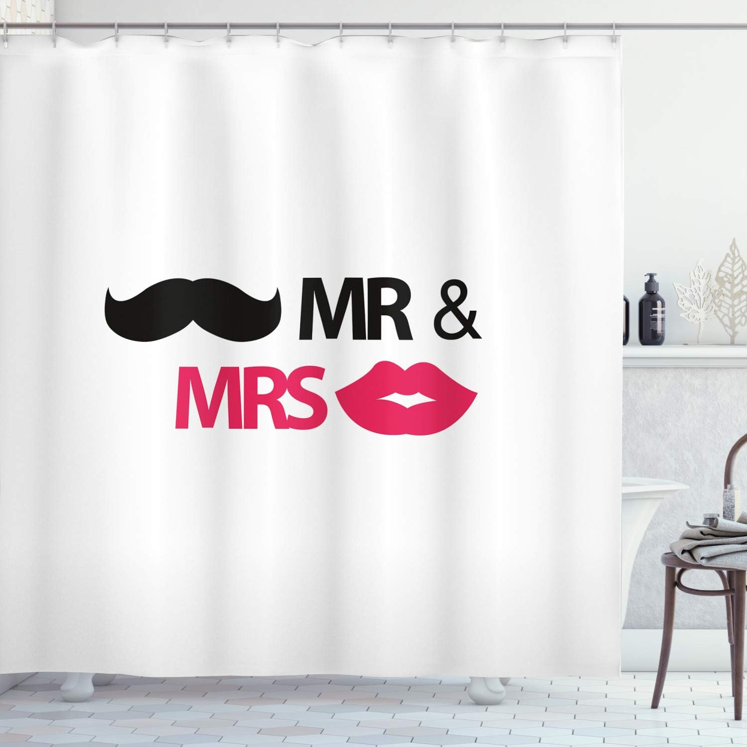 Amazon Com Ambesonne Wedding Shower Curtain Funny Stencil Art Lips Moustache Mr And Mrs Retro Design Art Print Cloth Fabric Bathroom Decor Set With Hooks 70 Long Pink Black Home Kitchen