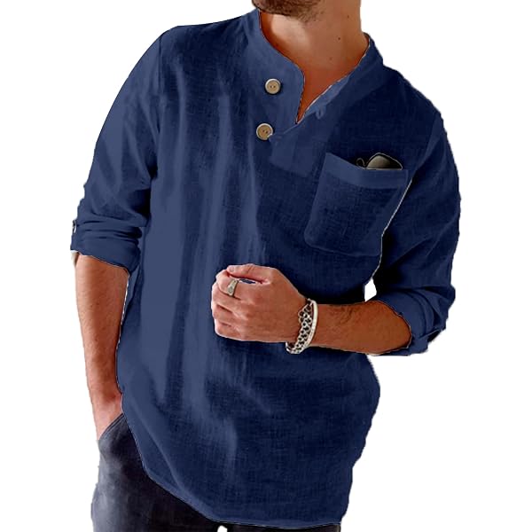 Ryannology Men's Linen Henley Shirt - 3/4 Sleeve, Cotton Linen Blend, Regular Fit, Casual Tunic Top