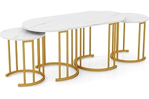 CLEEMAN 3-Piece Nesting Coffee Table, Stacking Tables with Faux Marble Tabletop & Gold Metal Frame, Oval Coffee Table Set with 2 End Side Tables, Modern Gold Coffee Table Set of 3 for Living Room