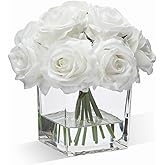 WELL KNOWN Rose Artificial Flowers in Vase with Faux Water, Ivory White Silk Rose Table Centerpieces for Home Coffee Table Decor, Fake Roses Flower Arrangements for Office Hotel Lavatory Decor