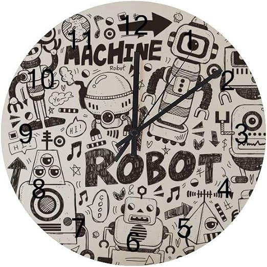 Amazon Com Kuizee Wall Clock Doodle Robot Element Uncovered Wooden Mute Decoration Home Office Bedroom 12inch Home Kitchen