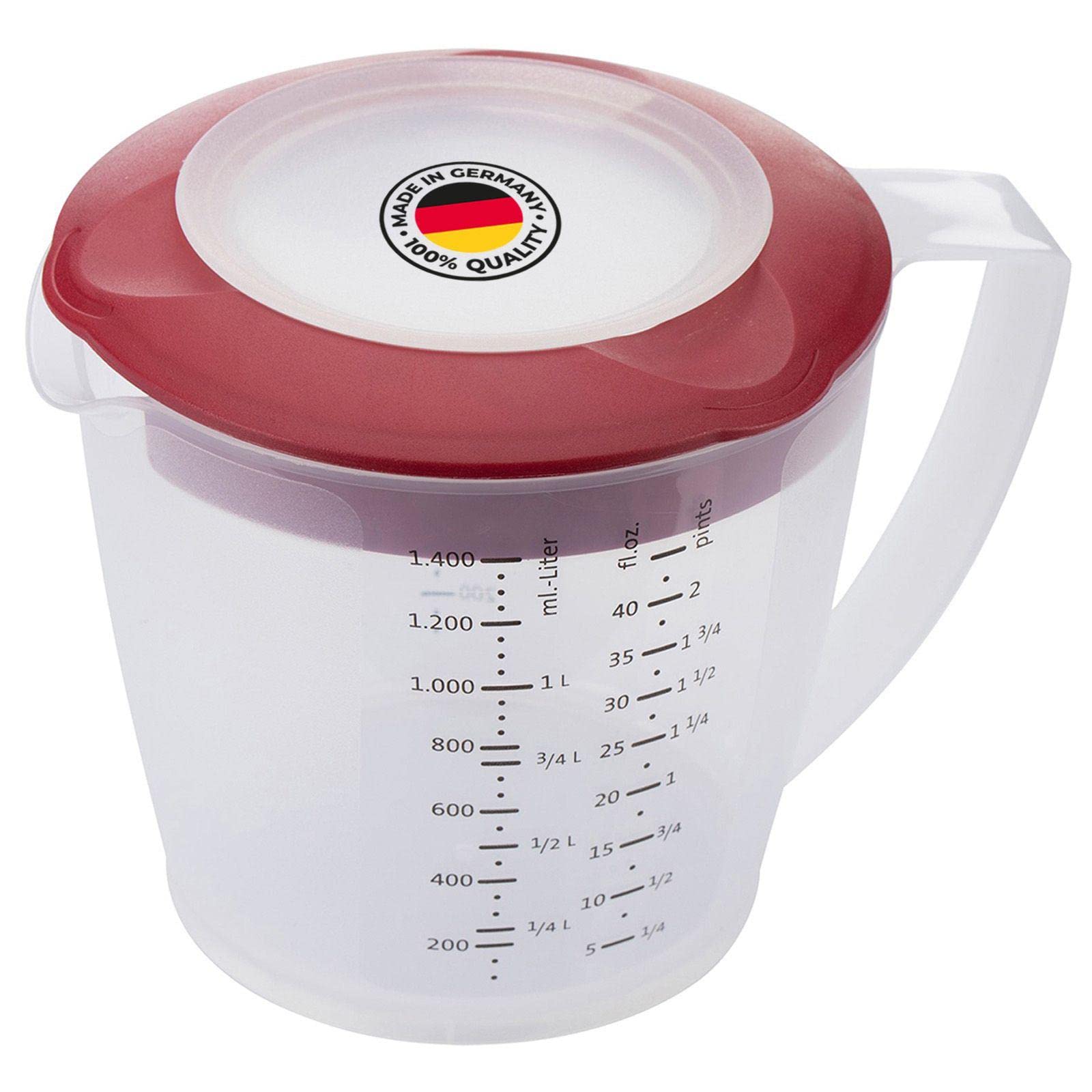 Westmark Mixing Jug with Splash Guard, Lid and Spout, Plastic, Capacity: 1.4 Litres, Helena, Transparent/Red, 3105227R