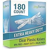 JoyServe Clear Plastic Knives Heavy Duty, Heat Resistant Party Utensils BPA-Free Heavy Duty Plastic Knives Disposable Silverware Cutlery, Catering Dinner Party Supplies - Bulk Knife Pack 180