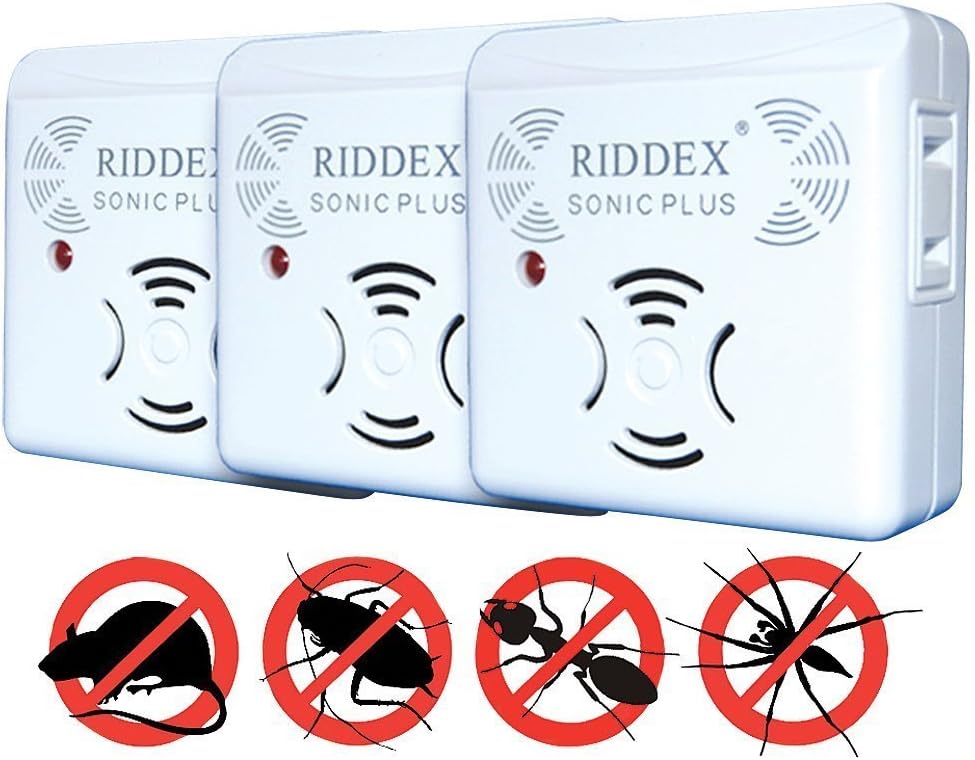 Riddex Sonic Plus Pest Repeller for Rodents and Insects, 3-Pack Indoor Repellent with side outlet, Get Rid of Roaches & Rodents Chemical Free
