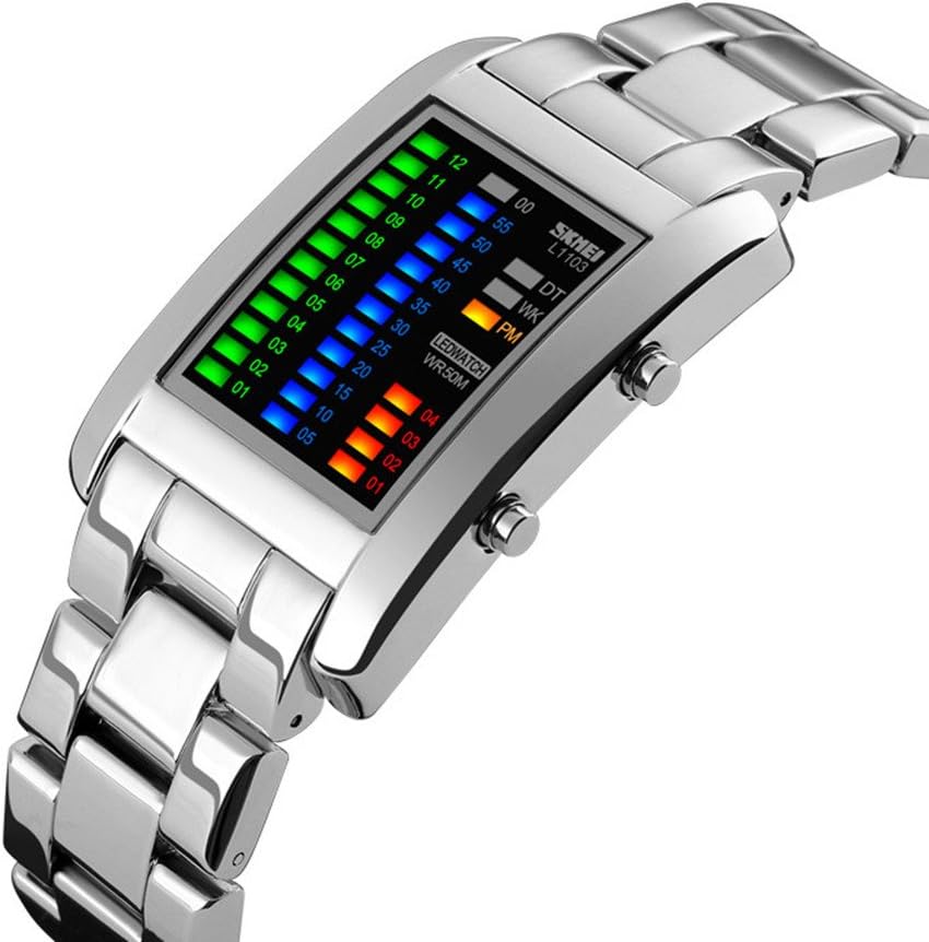 Silver Binary Matrix Waterproof LED Watch Classic Creative Fashion Plated Mens Digital Wrist Watches